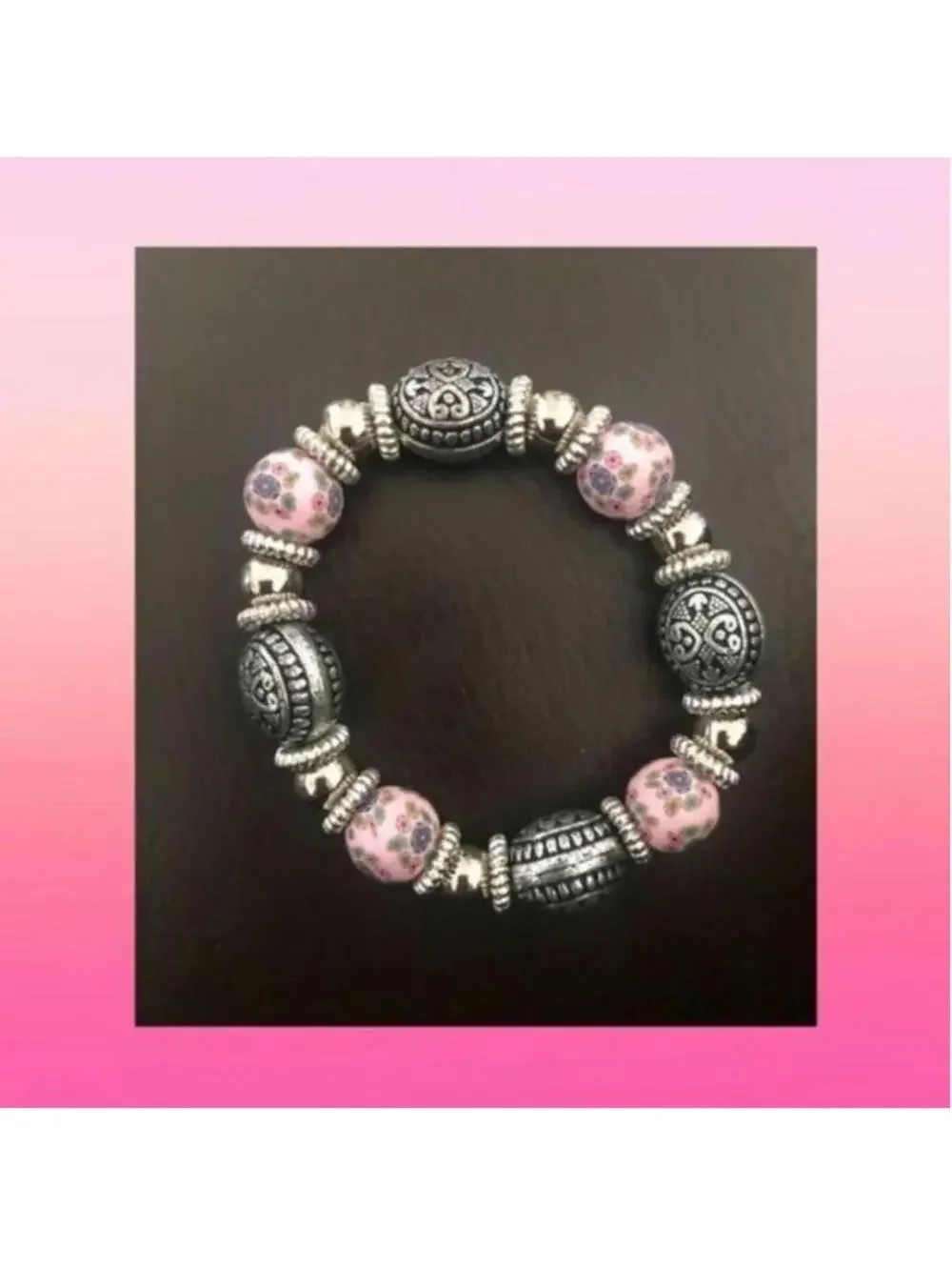 Vintage Style Beaded Stretch Bracelet with Pink Floral and A